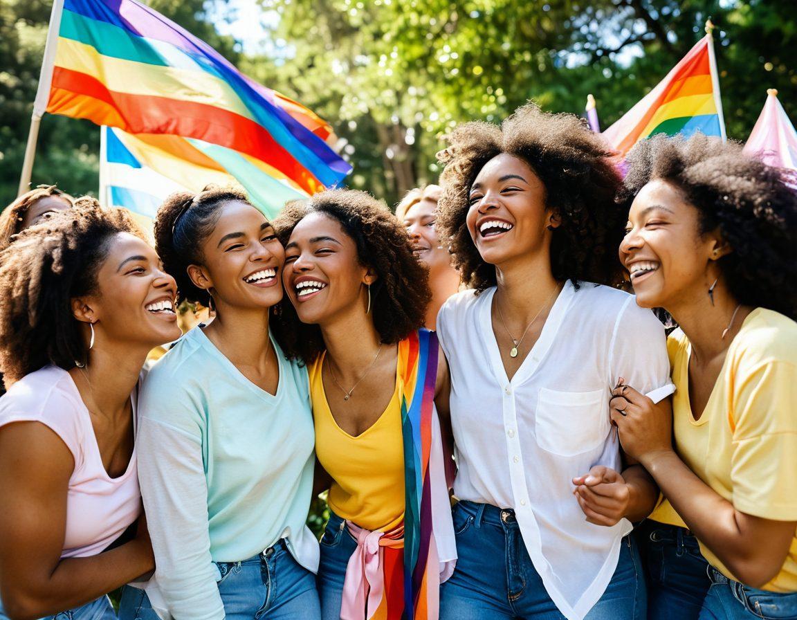 An inviting scene of diverse women of various ethnicities gathering in a sunlit park, sharing laughter and embracing each other, symbolizing sisterhood and support in LGBTQ relationships. Soft pastel colors with flowers blooming around them, radiating warmth and positivity. The backdrop includes rainbow flags fluttering gently in the breeze, showcasing inclusivity and love. painting. vibrant colors. natural light.