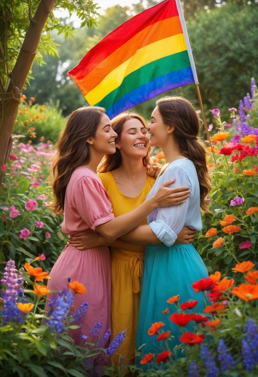 A heartwarming scene depicting a diverse group of women sharing joyful moments together in a lush garden, with colorful wildflowers surrounding them, embodying companionship and love. Include elements of pride, such as rainbow flags and symbols of unity, to enhance the theme of female love. The expressions on their faces should radiate happiness and connection. Soft, inviting lighting creates a warm atmosphere. vibrant colors. painting.