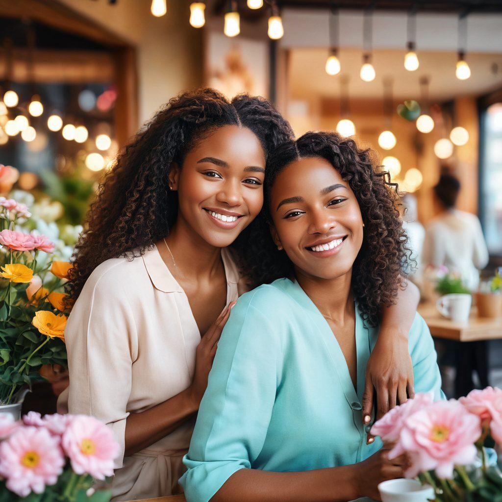 A heartwarming scene of two diverse women embracing each other with genuine smiles, surrounded by blooming flowers and soft pastel colors symbolizing love and unity. In the background, a cozy café setting with soft lighting, emphasizing a sense of warmth and inclusion. Use vibrant colors for emotional impact. super-realistic. soft focus.